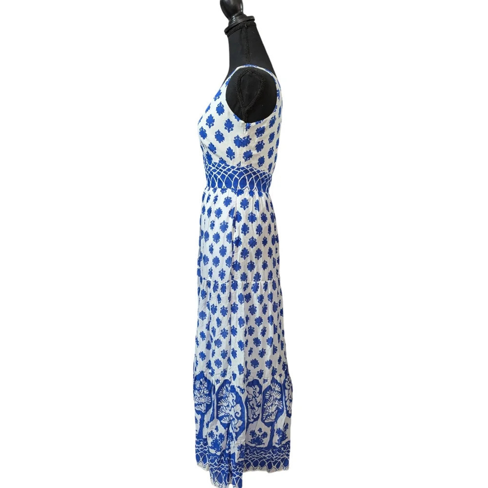 J Crew Santorini Blue White Tile Print Cotton Maxi Dress Size 00 - Picture 3 of 16